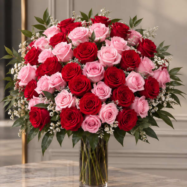 Bouquet of red and pink roses in a clear glass vase