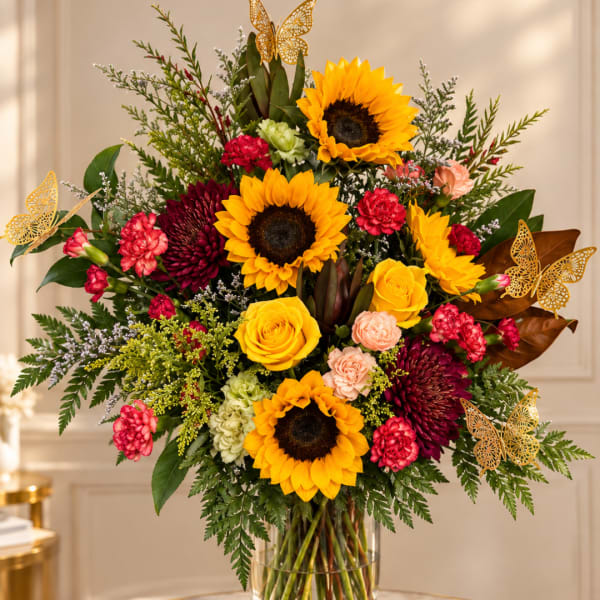 Bouquet of sunflowers, roses, and chrysanthemums in a glass vase