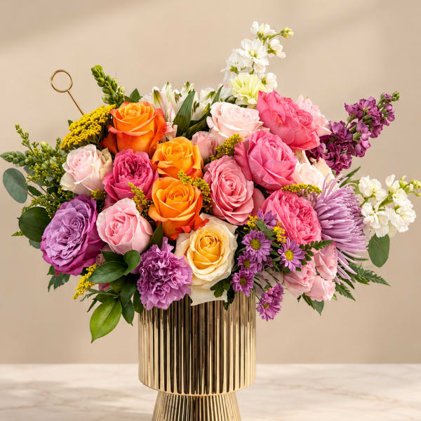 Colorful rose arrangement in a gold pedestal vase