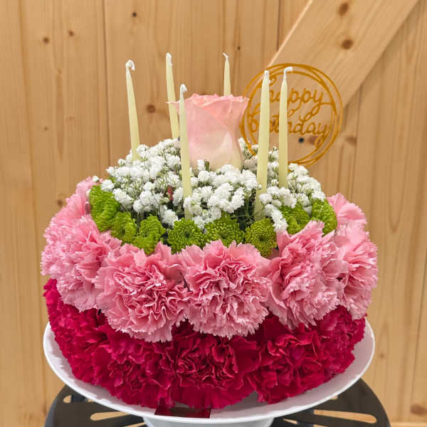 Floral Cake Arrangement Bouquet - Pink, Red & White Birthday Flowers