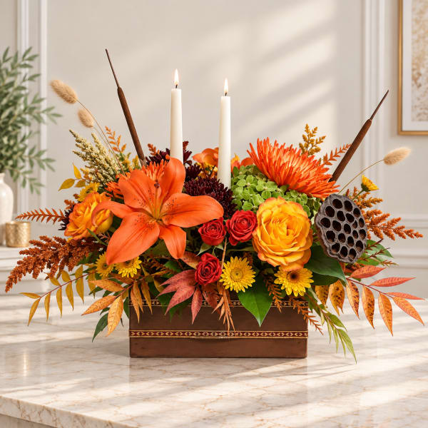 Autumn floral arrangement with orange lilies, roses, and candles in a wooden box