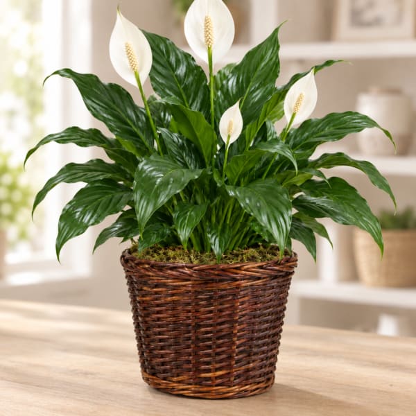 Potted peace lily with white blooms in a woven basket