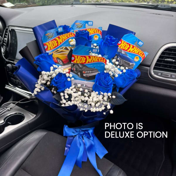 Blue rose bouquet with Hot Wheels cards and a satin ribbon