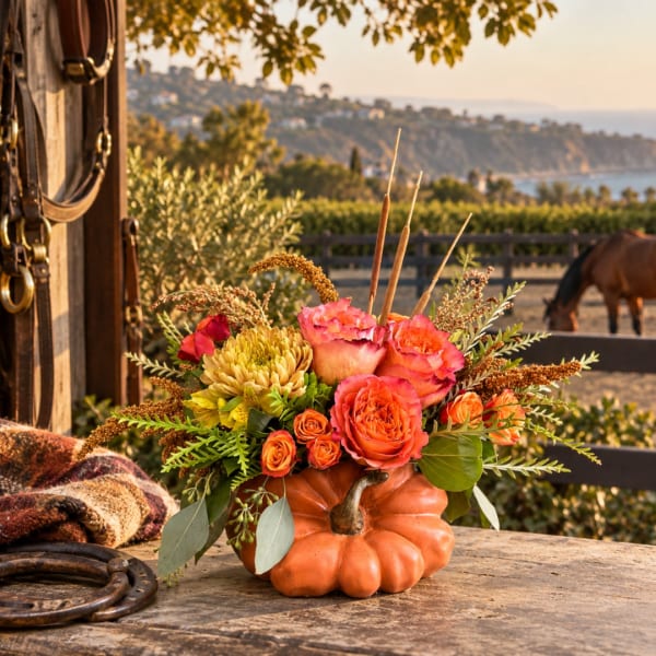 Floral arrangement in a pumpkin container with pink and orange blooms