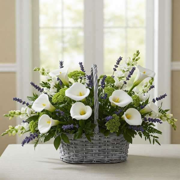 Basket arrangement of white calla lilies and purple flowers