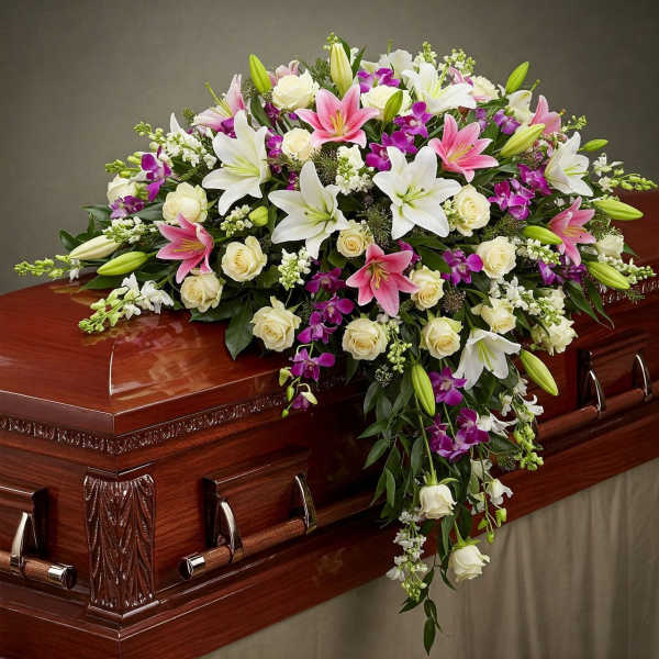 Casket spray with white lilies, cream roses, and pink orchids