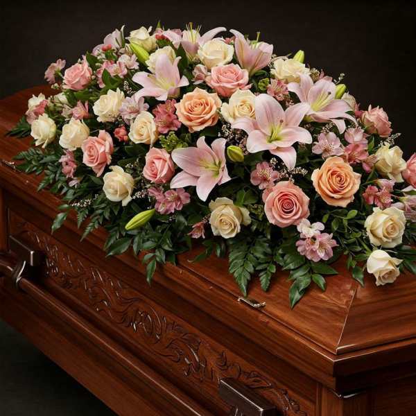 Pink and cream floral spray on a wooden casket