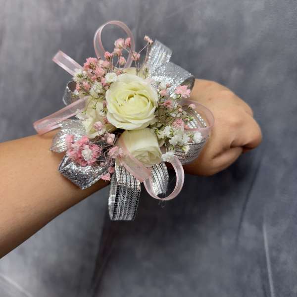White silver pink corsage