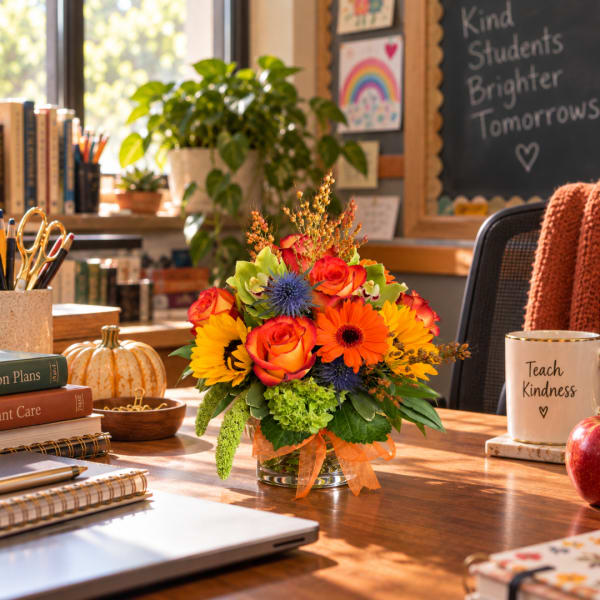 Bright mixed bouquet in a glass vase on a desk