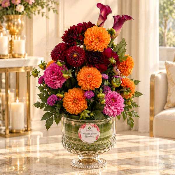 Bright mixed flower arrangement in a clear glass vase