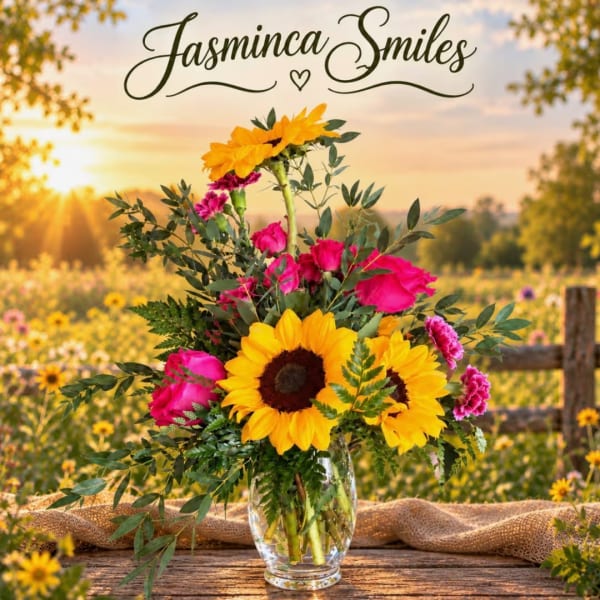 Sunflower and pink rose bouquet in a clear glass vase
