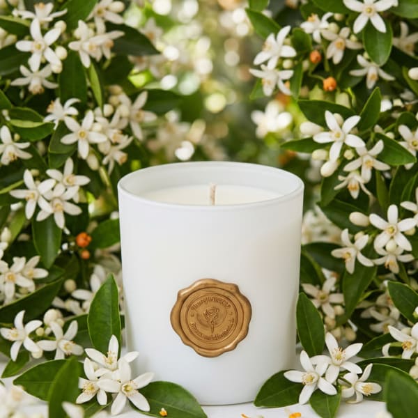 White candle in a glass container surrounded by white blossoms