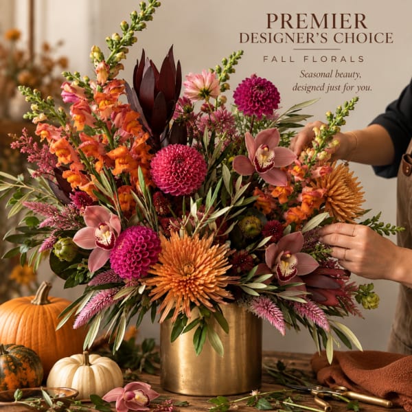Fall floral arrangement in a gold vase with orange, pink, and burgundy blooms