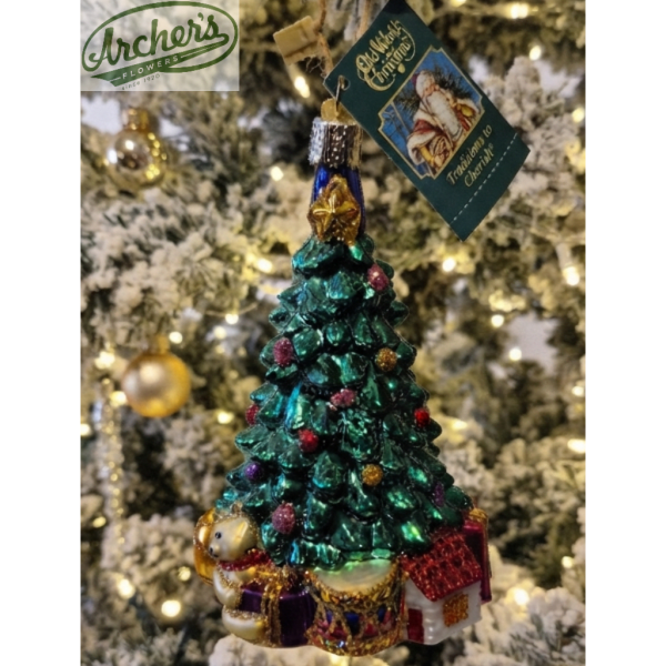 Decorative Christmas tree ornament with a gift and teddy bear at the base