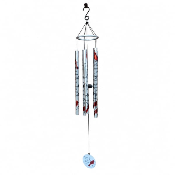 Hanging metal wind chime with printed tubes and a small bird tag