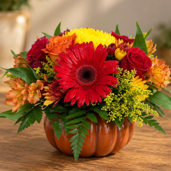 Mixed bouquet in a pumpkin-shaped vase with red, orange, and yellow flowers