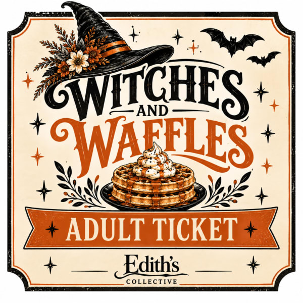 Halloween-themed sign with a witch hat, bats, and waffles