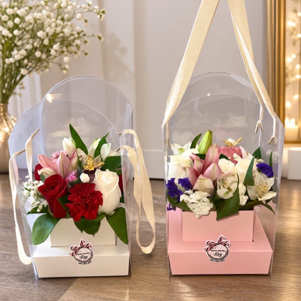 Two boxed flower arrangements under clear covers, one pink and one white.