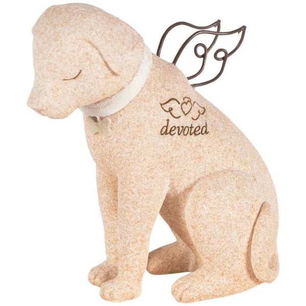 Decorative dog figurine with angel wings and the word devoted