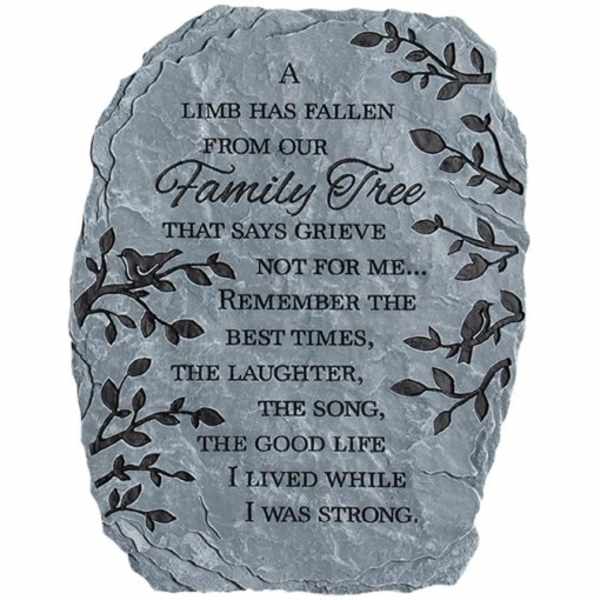 Gray memorial stone with engraved text and leaf designs