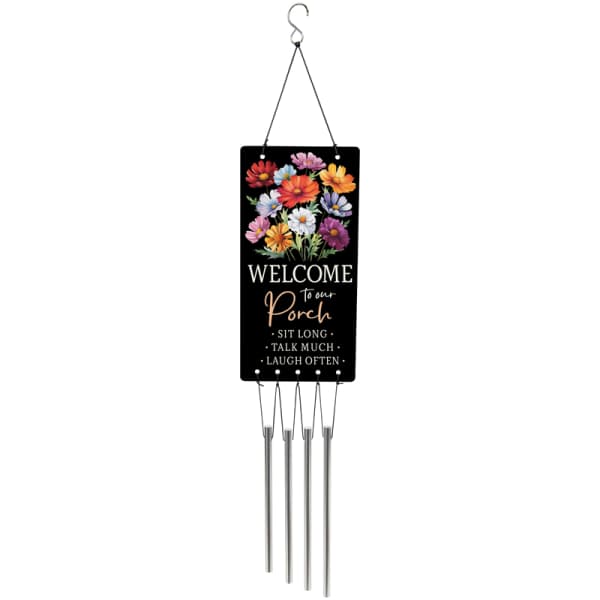 Hanging porch sign with colorful flowers and metal wind chimes