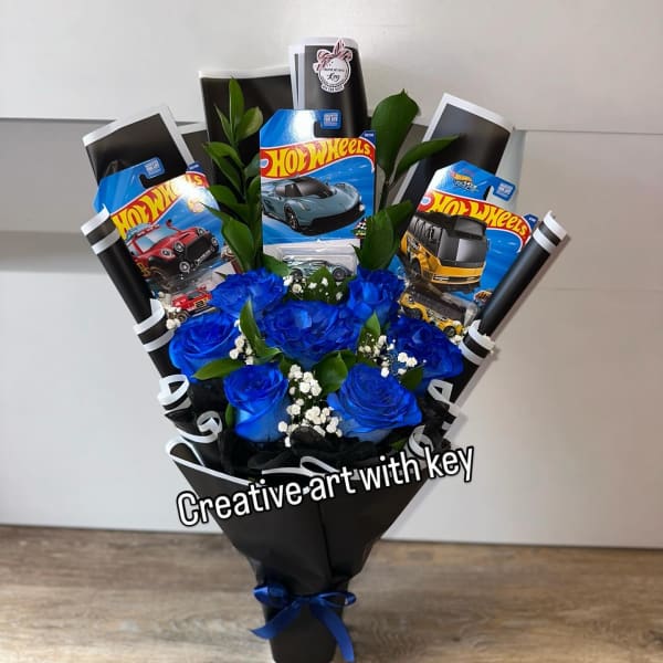 Blue rose bouquet with Hot Wheels toy cars and black wrapping