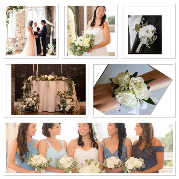 Wedding floral arrangements and bouquets in white and green tones