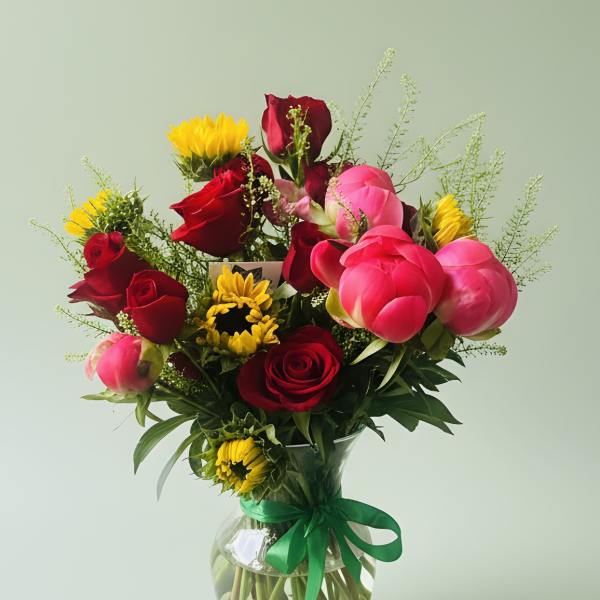 Mixed bouquet of red roses, pink peonies, and yellow sunflowers in a glass vase