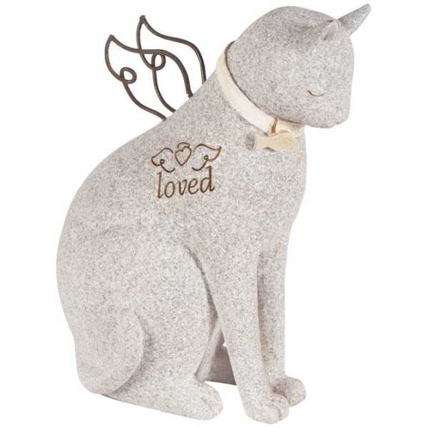 Gray cat figurine with angel wings and the word loved on its chest