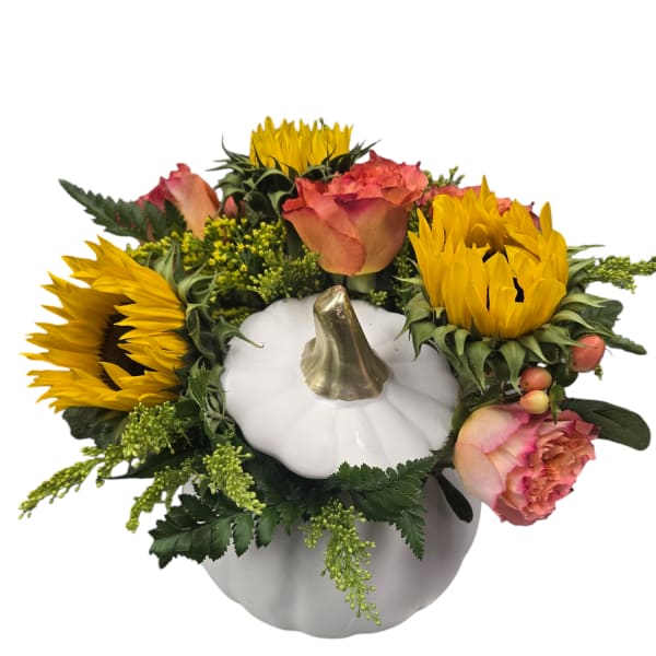 Pumpkin-shaped floral arrangement with sunflowers and roses