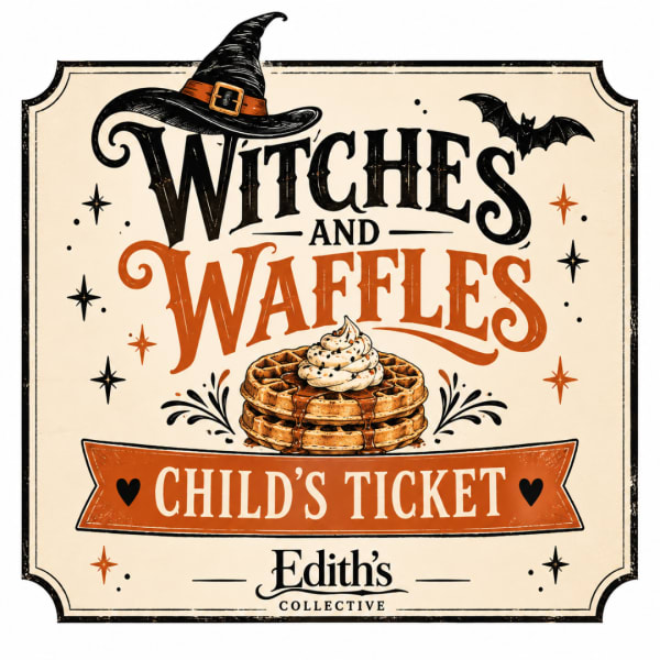 Halloween sign reading "Witches and Waffles" with a waffle stack and witch hat