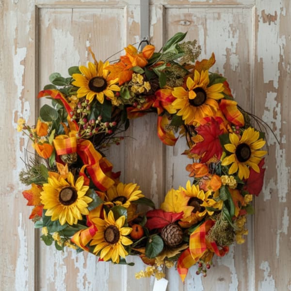 Autumn wreath with sunflowers, orange flowers, and plaid ribbon on a rustic door