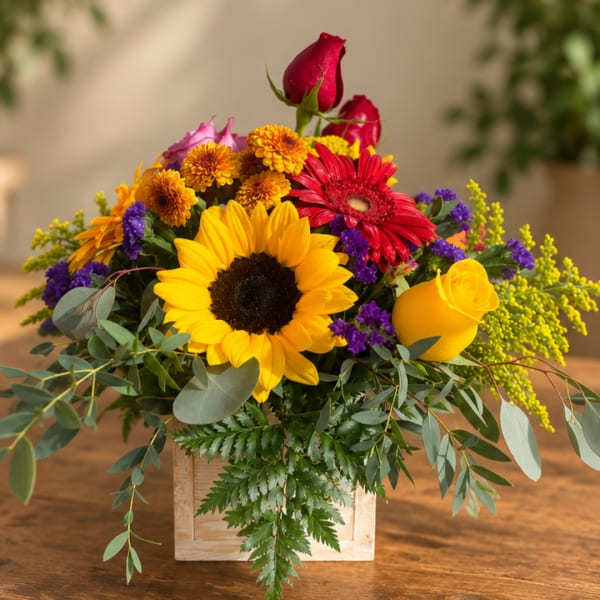 Mixed bouquet with sunflowers, roses, and gerbera daisies in a wooden box
