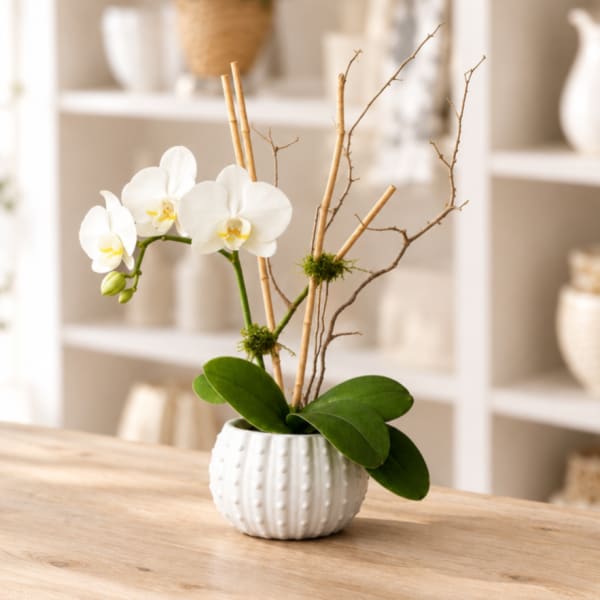 White orchid arrangement in a small textured white pot