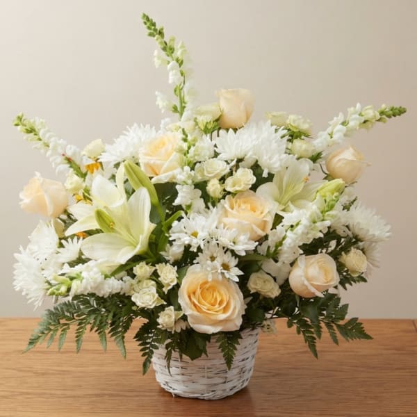 Cream roses and white lilies in a white basket vase