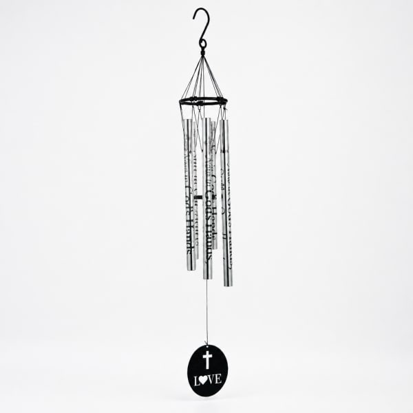 Hanging metal wind chime with a black cross and LOVE medallion