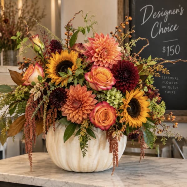 Autumn floral arrangement in a white pumpkin vase with sunflowers and dahlias