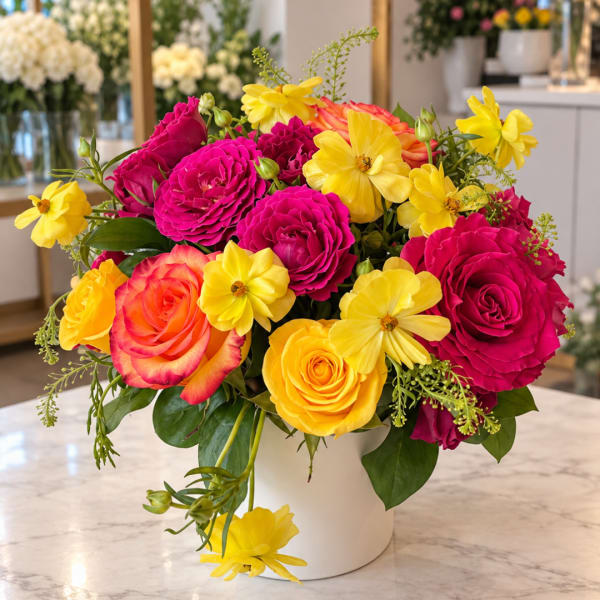 Bright pink and yellow rose bouquet in a white vase