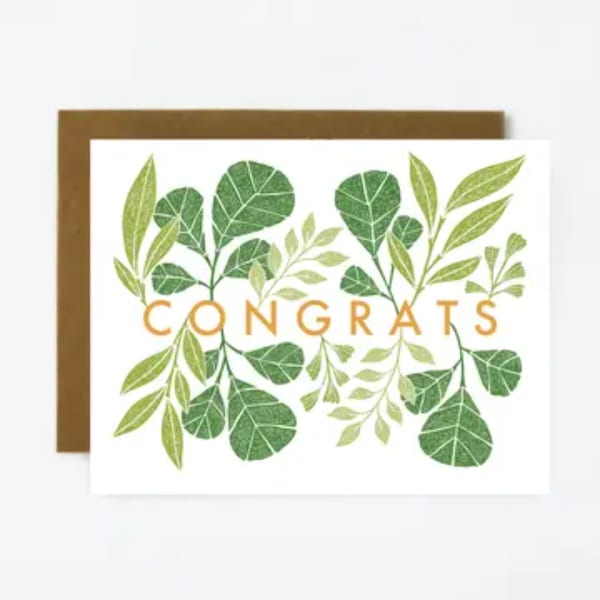 Congrats greeting card with green leaf design