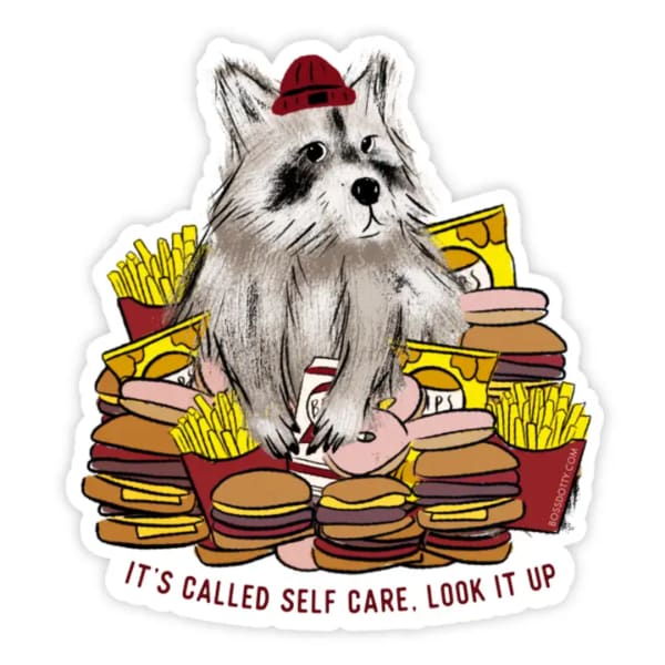 Sticker of a raccoon in a red hat surrounded by burgers and fries