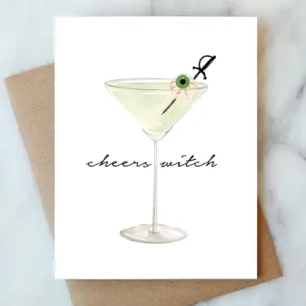 Greeting card with a martini glass and the words cheers witch