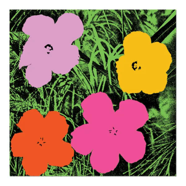 Pop-art floral print with four large stylized flowers on a leafy background