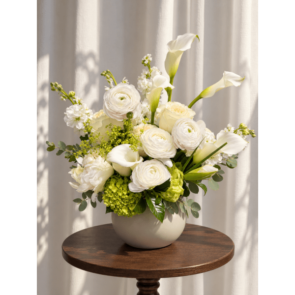 White floral arrangement in a round vase with calla lilies and roses