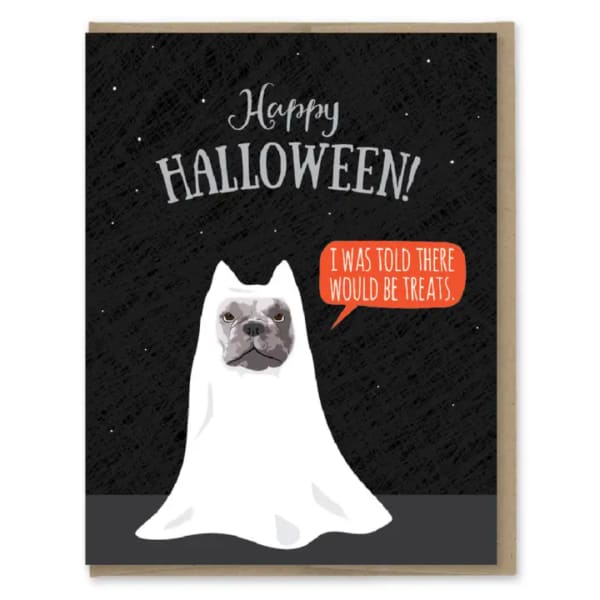 Halloween card with a dog dressed as a ghost and speech bubble text