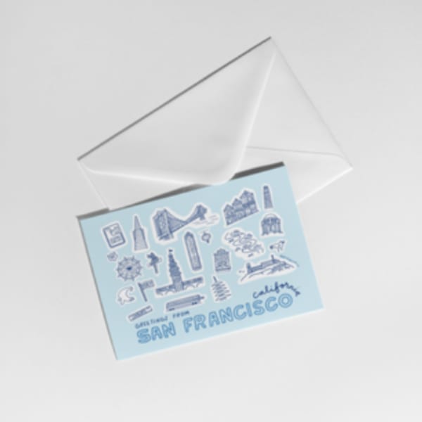 San Francisco greeting card in an open white envelope
