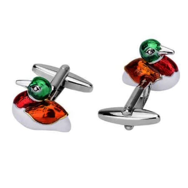 Pair of duck-shaped cufflinks with green, red, and orange enamel