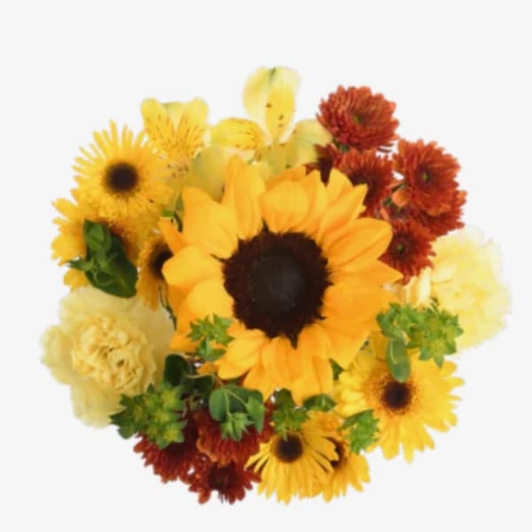 Bouquet of sunflowers, yellow blooms, and orange chrysanthemums