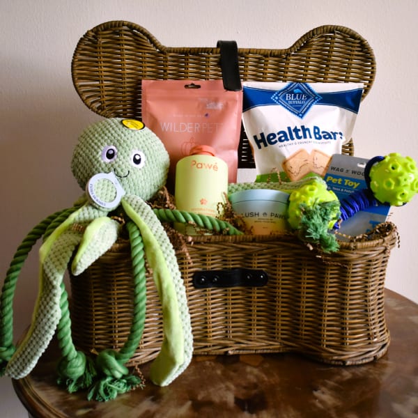 Pet gift basket with treats, toys, and a plush octopus in a wicker basket