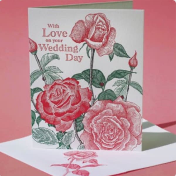 Wedding card with pink roses and the words "With Love on your Wedding Day"