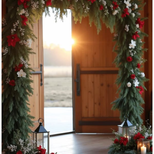 Christmas garland with red and white flowers framing wooden doors